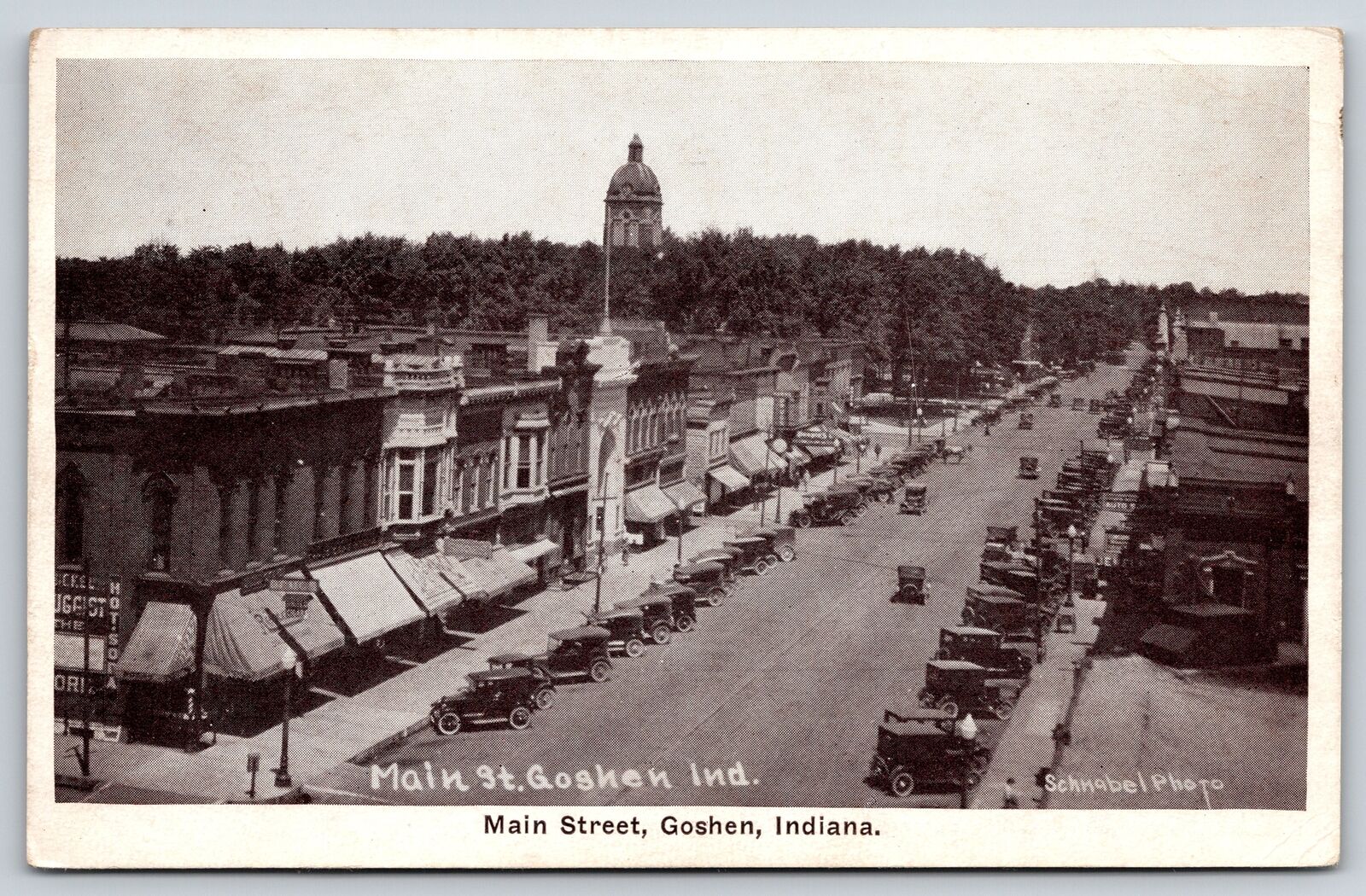 Goshen Indiana~Main Street Birdseye View~Drugstore~Cars Parked~1920s B&W Pc