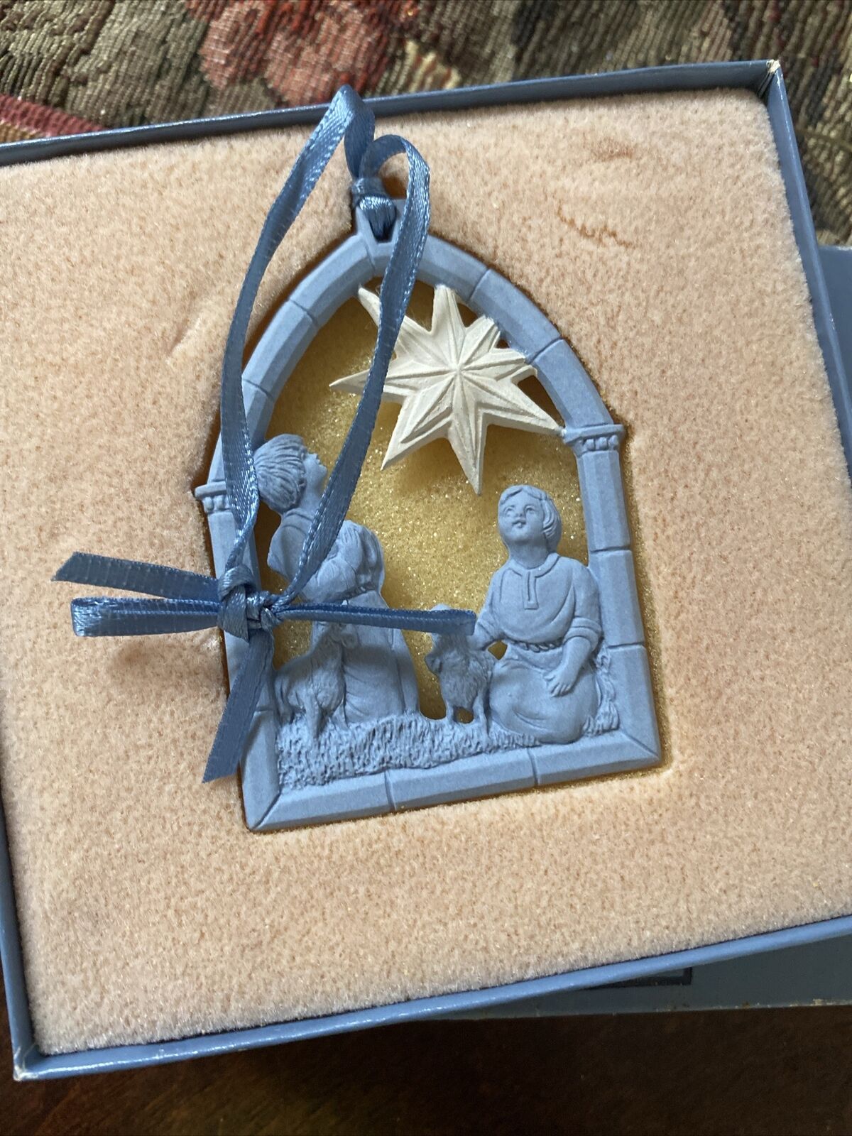 Classic Wedgwood Blue Jasper Nativity Mary Joseph & Jesus Ornament Collectible