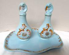 Vintage Holland Mold BlueCeramic Dresser Tray & Two Perfume Bottles w/Stoppers picture