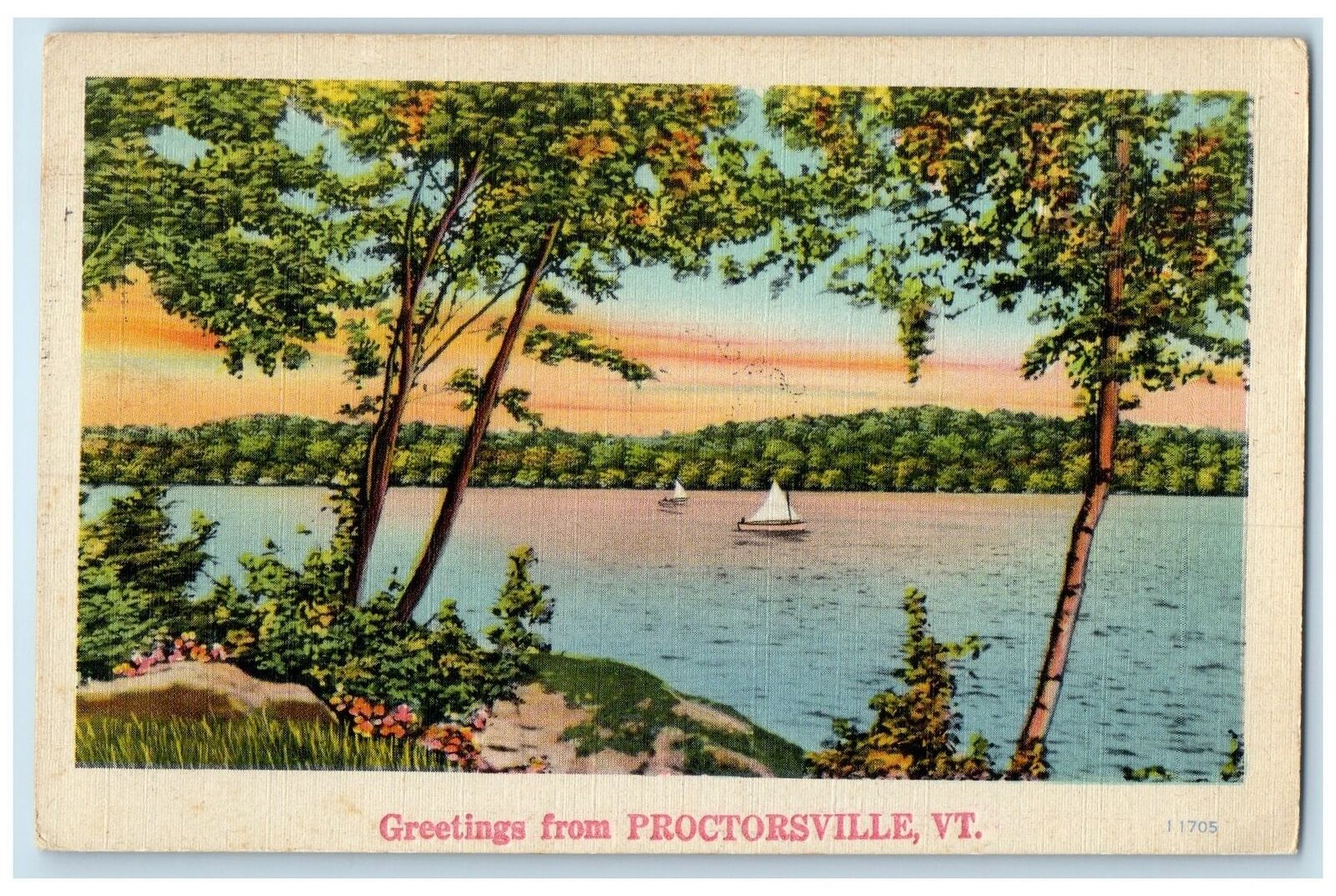1944 Greetings From Proctorsville Lake Sailboats Grove Trees Vermont VT Postcard