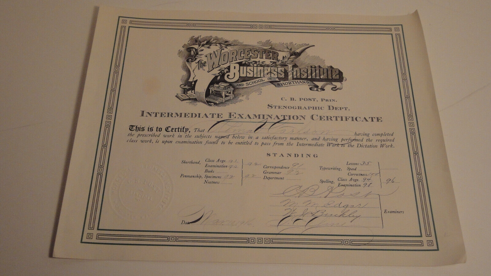 1916 The Worcester Business Institute Exam Certificate Sign C. B  Post Principle
