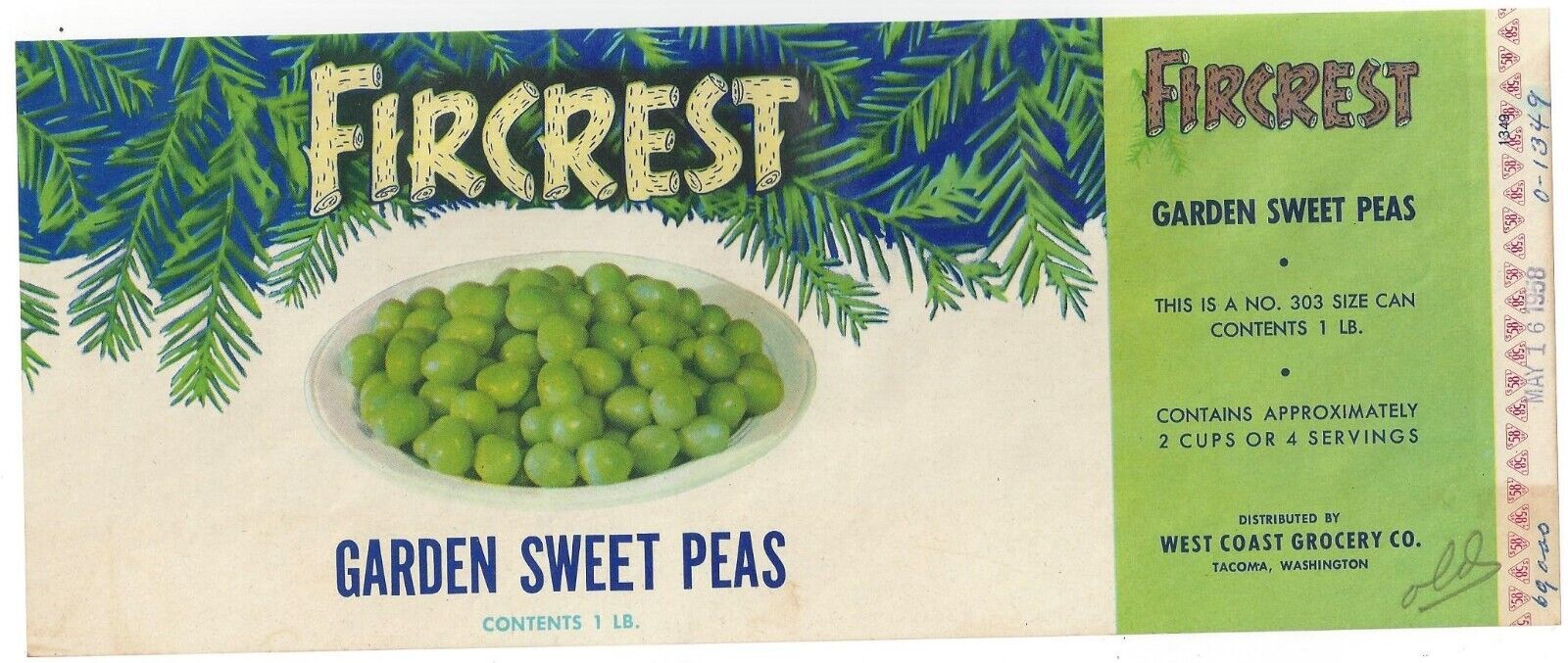 Original FIRCREST pea can label West Coast Grocery Company Tacoma WA white bowl