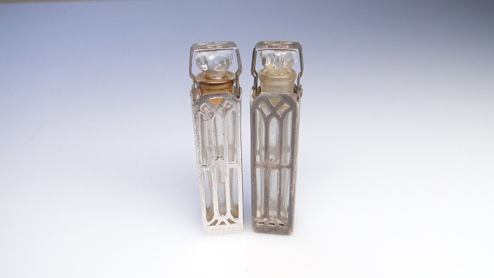 Sterling Wells Art Deco Perfume Bottles Pair Signed Miniature Flask Set