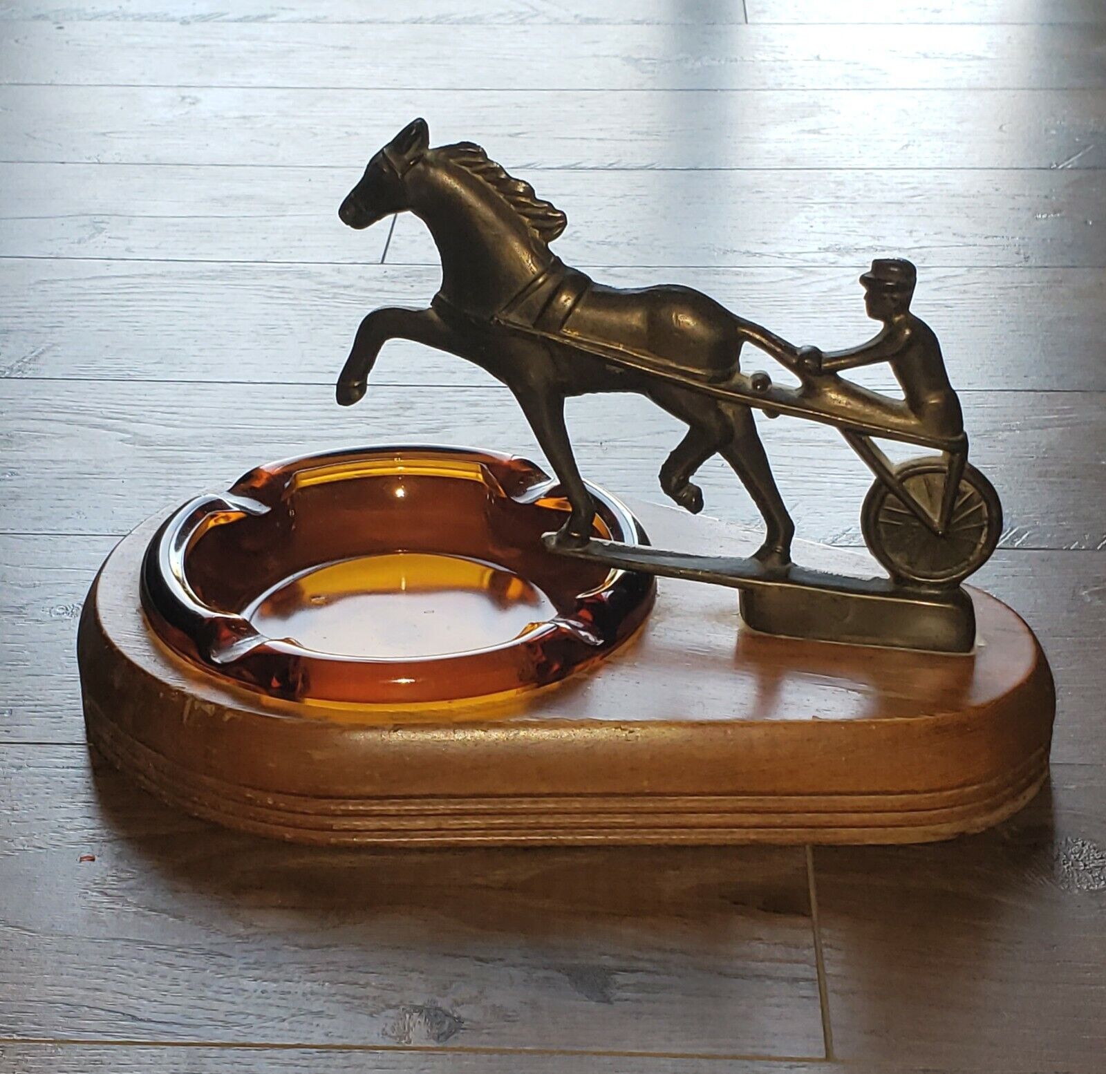 Vintage Brass Bronze Horse, Jockey Ashtray & Cart Cornwall Wood Products