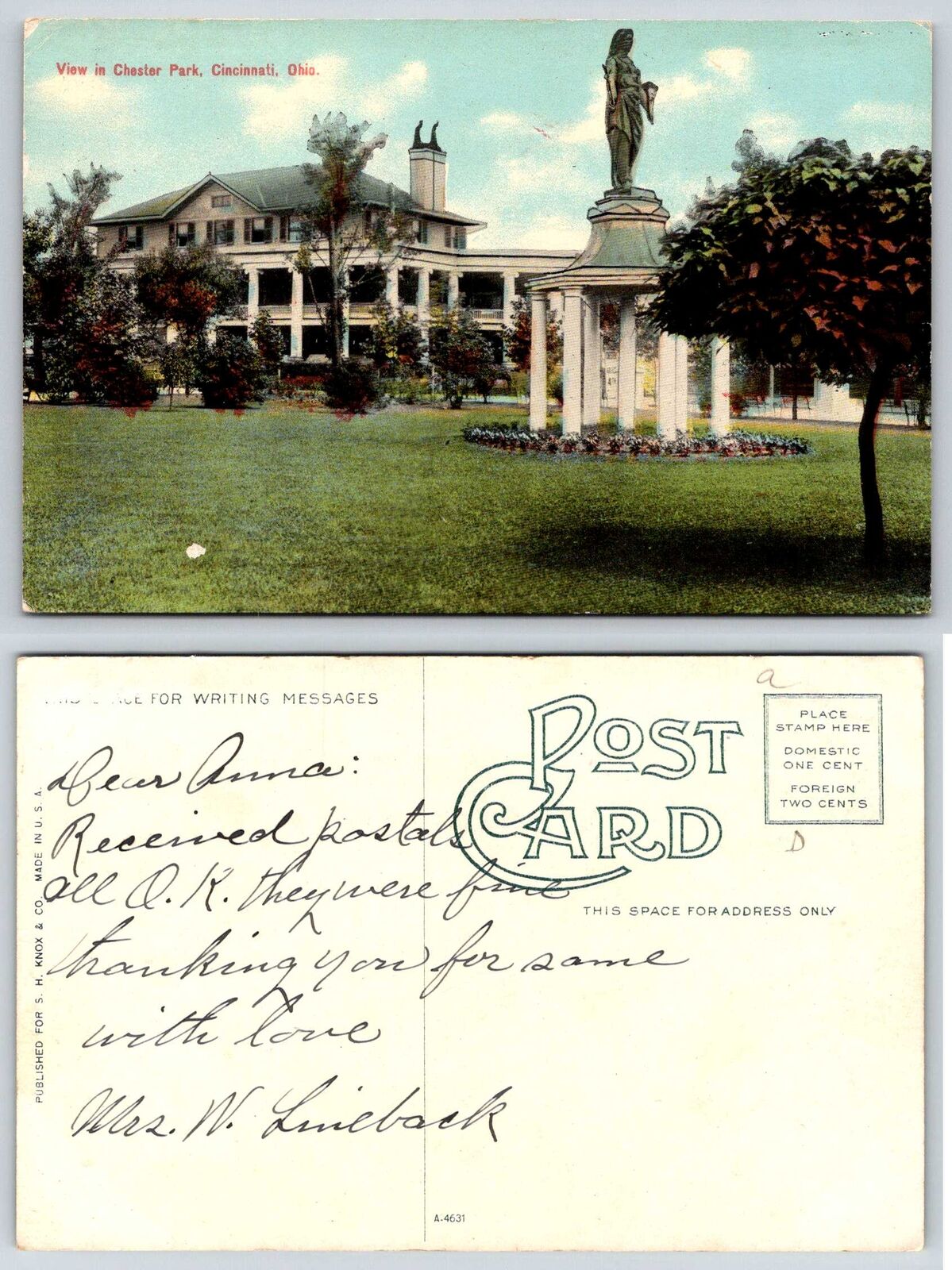Cincinnati Ohio VIEW IN CHESTER PARK Postcard N402