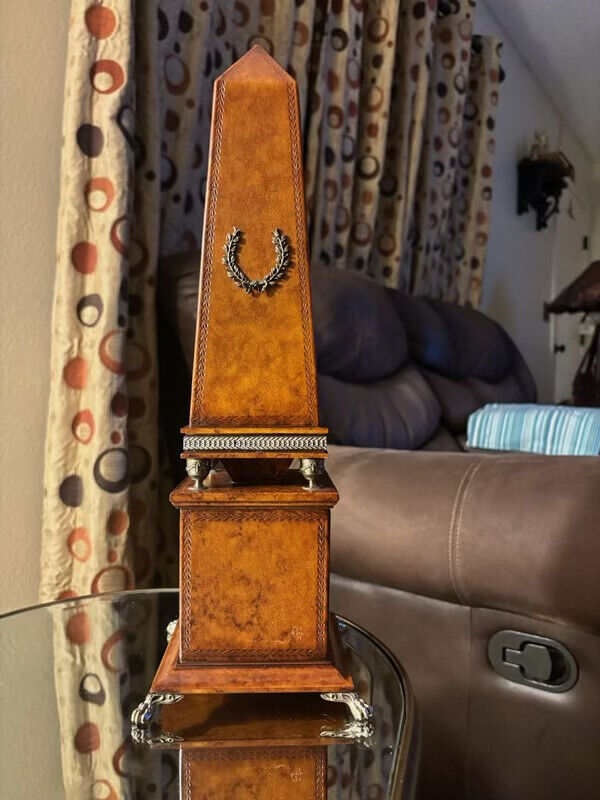 Leather Wrapped Gold Embossed Obelisk Accent,,MADE BY ETHAN ALLEN HOME FURNITURE