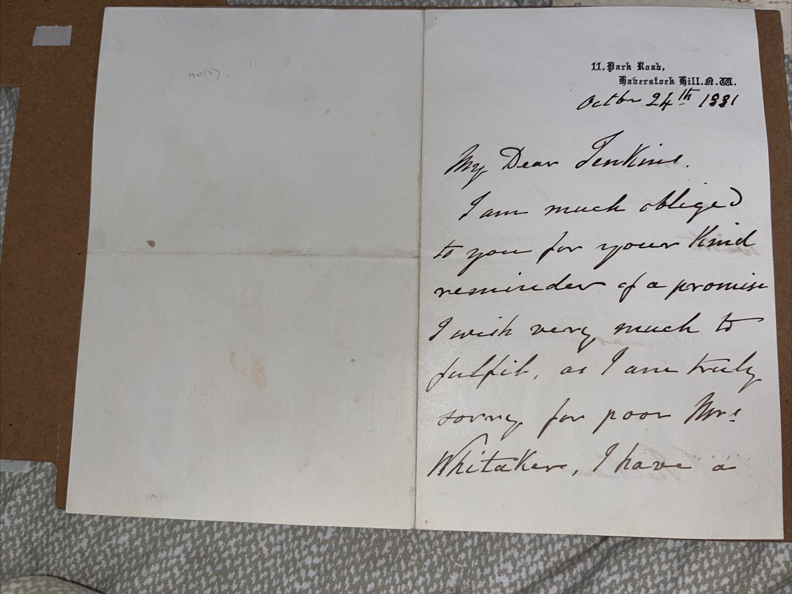 1881 Antique Letter from British Landscape Artist Thomas Danby, Mentions Sketch