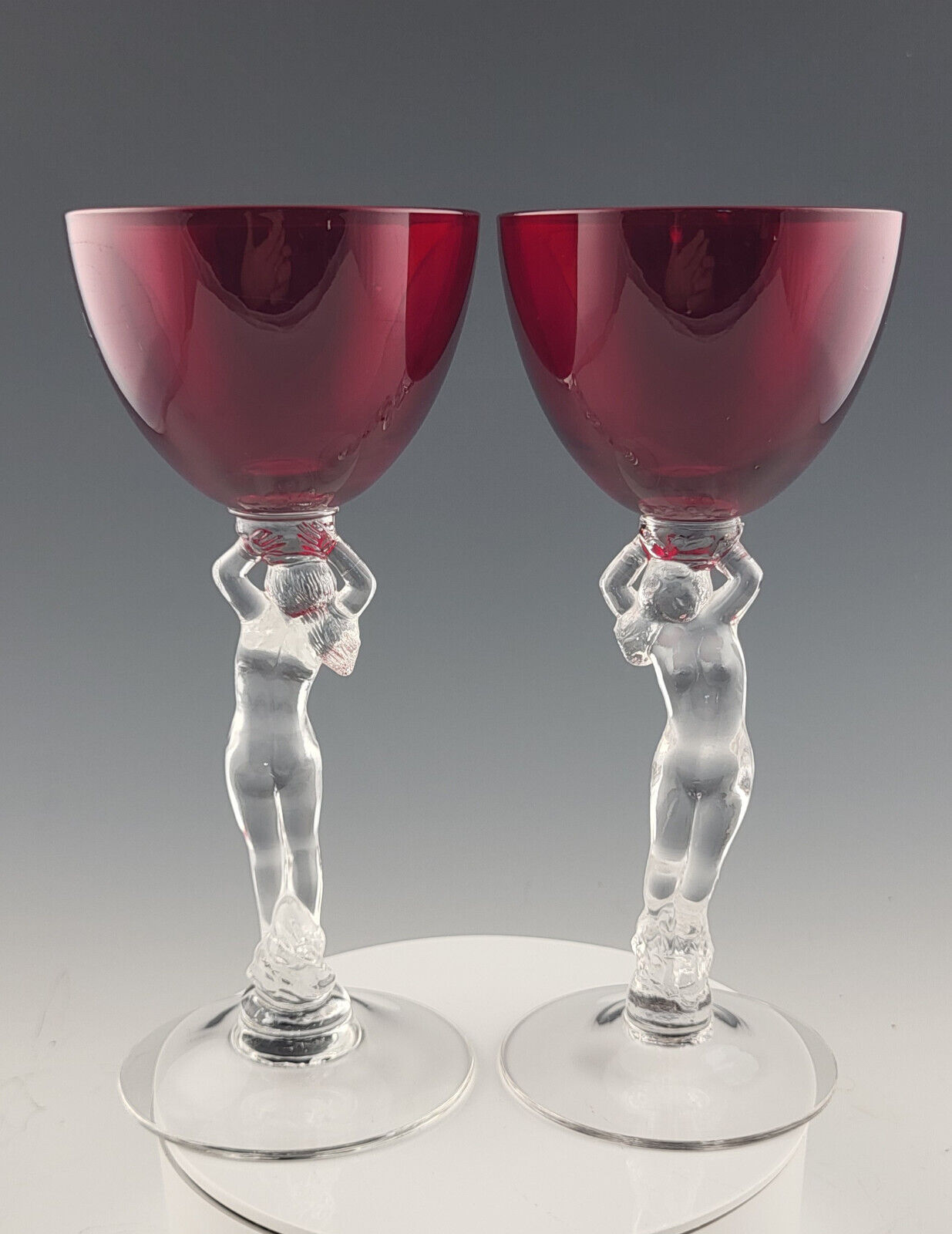 2 Elegant Deep Red Cambridge Art Deco Wine Glasses Statuesque Carmen Nude Stems