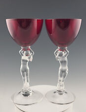 2 Elegant Deep Red Cambridge Art Deco Wine Glasses Statuesque Carmen Nude Stems picture