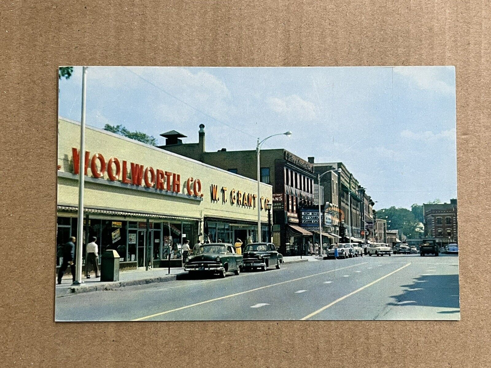 Postcard Brattleboro Vermont Old Cars Main Shopping Area Woolworth Store Vintage