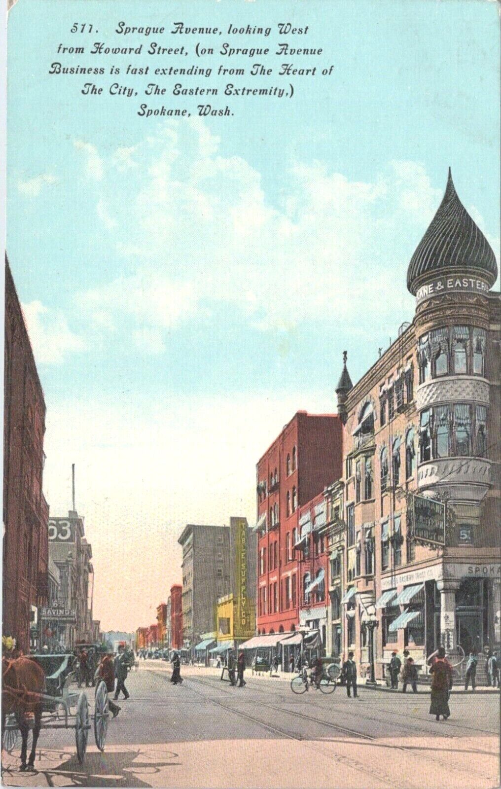 Postcard Washington WA Spokane Sprague Ave. Spokane & Eastern Trust Bank 1913