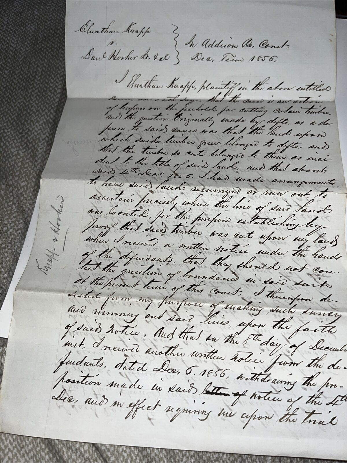 1856 Lawsuit Statement: Elnathan Knapp v Hooker Addison County Vermont Genealogy
