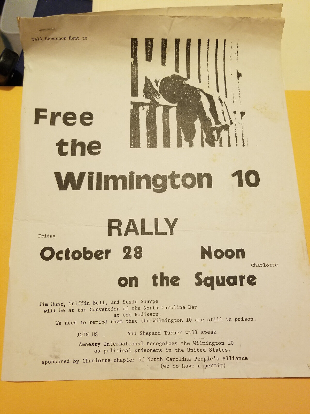 FREE THE WILMINGTON 10 rally flyer and info (Charlotte: 1977 or 8)