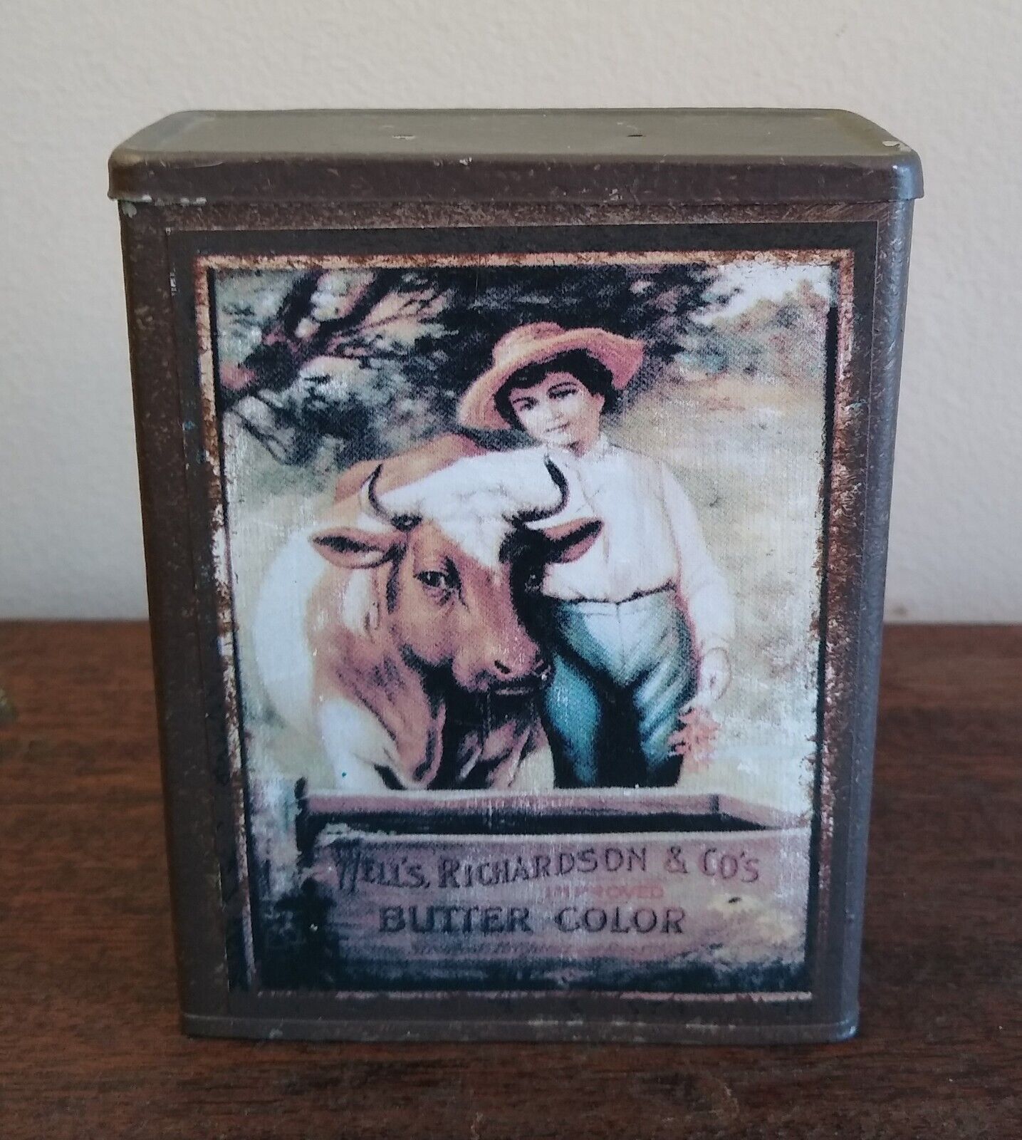 Well\'s, Richardson & Co\'s Butter Color Tin Can, Reproduction, Boy & Cow, Metal