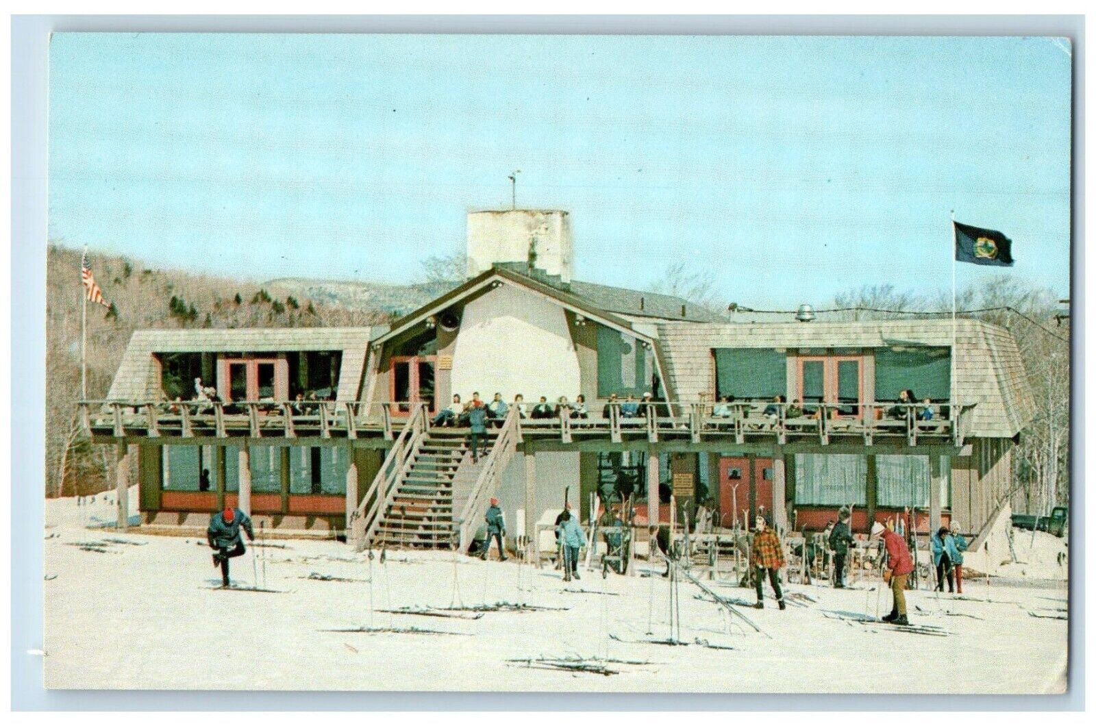 c1950's Skiers Sun Deck Golden Thistle Base Lodge Waitsfield VT Vintage Postcard
