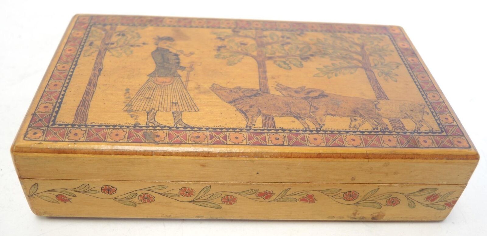 Tunbridge Influenced Vintage Hungarian Wood Box - Wild Boars  Man Smoking Pipe