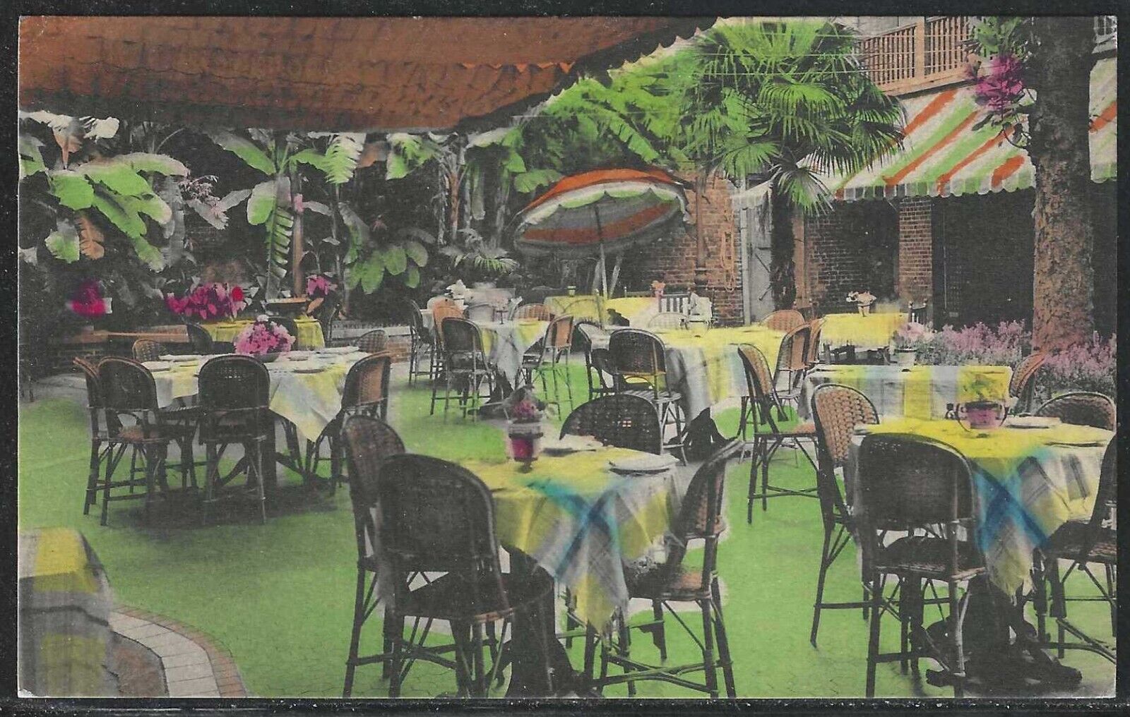 Le Patio Royal, Royal Street, New Orleans, Hand Colored Postcard, Used in 1938