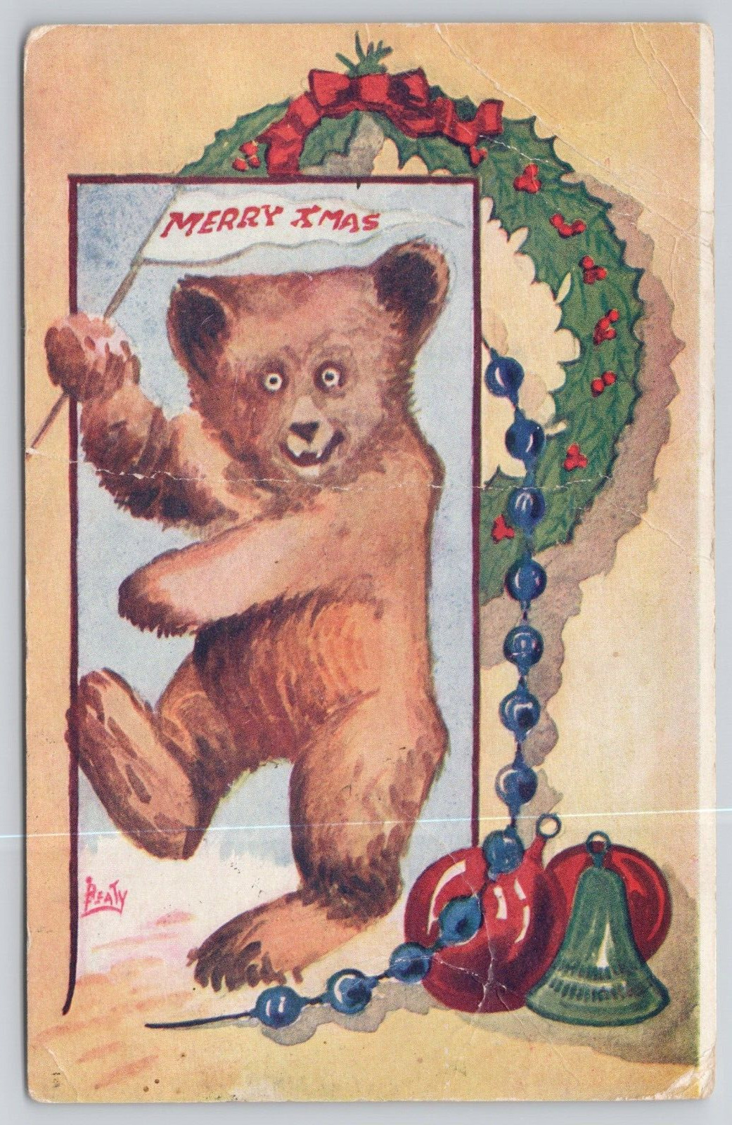 Christmas Teddy Bear Dances Wreath Ornament South  1907-15 French Note Postcard