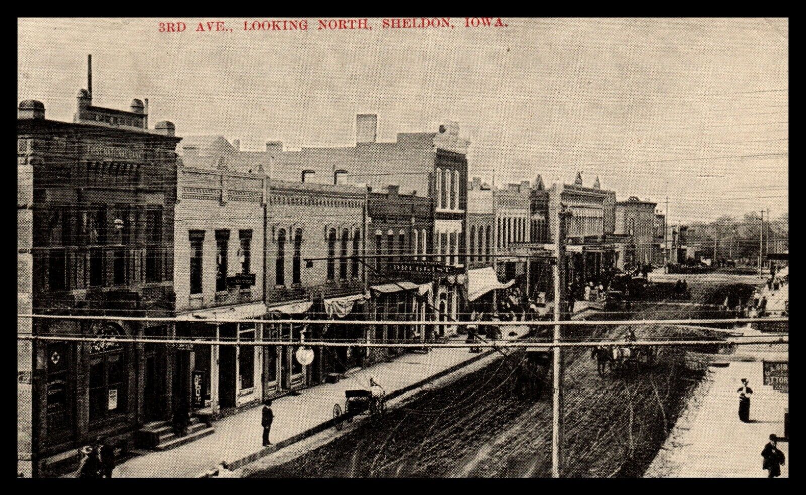 Sheldon Iowa 3rd Ave Looking North 1900\'s First National Bank Attorney Postcard