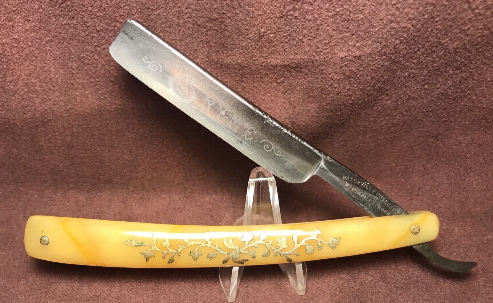 Antique Vintage Waterville Cutlery Co Inlaid & Etched TRY-ME Straight Razor USED