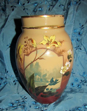 antique Victorian hand blown Bristol glass gold encrusted scenic + leaves & bird picture