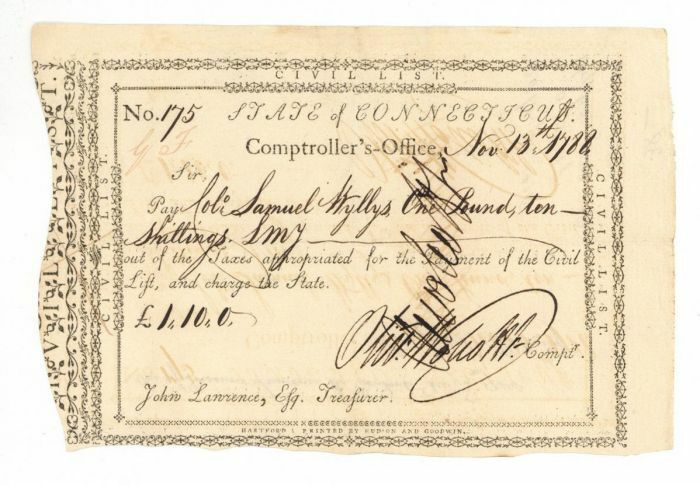 Pay Order Issued to Samuel Wyllys and Signed twice by Oliver Wolcott Jr. - Revol