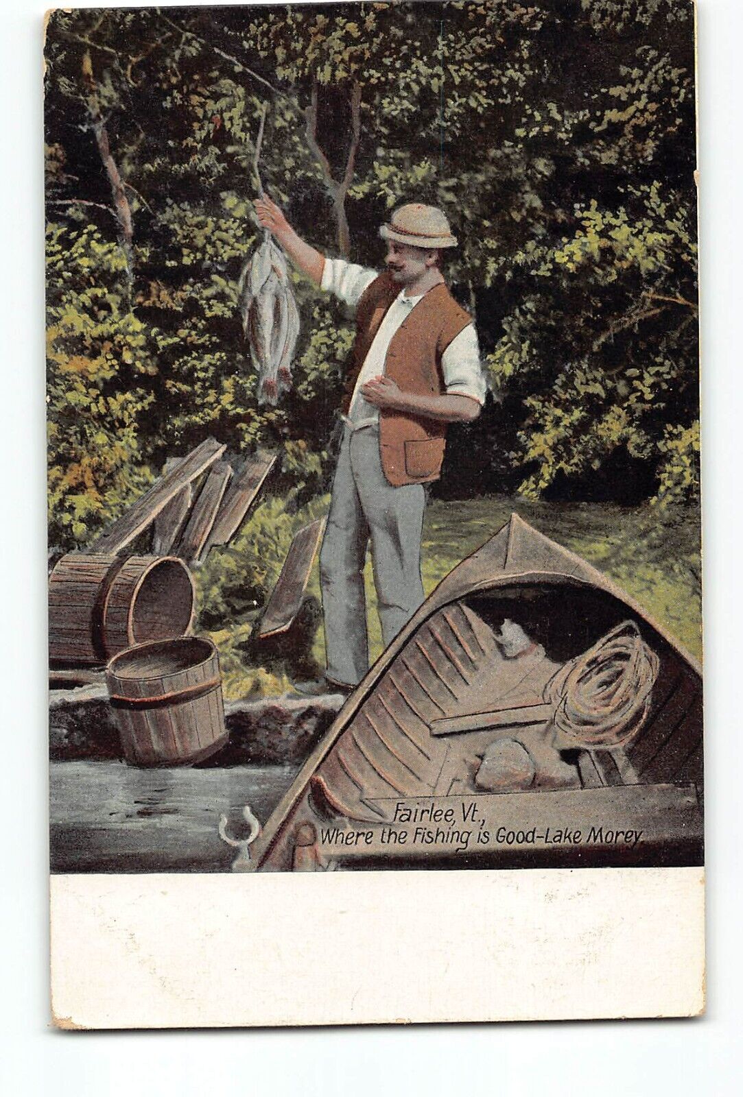 Old 1908 Postcard Where the Fishing is Good Lake Morey Fairlee Vermont