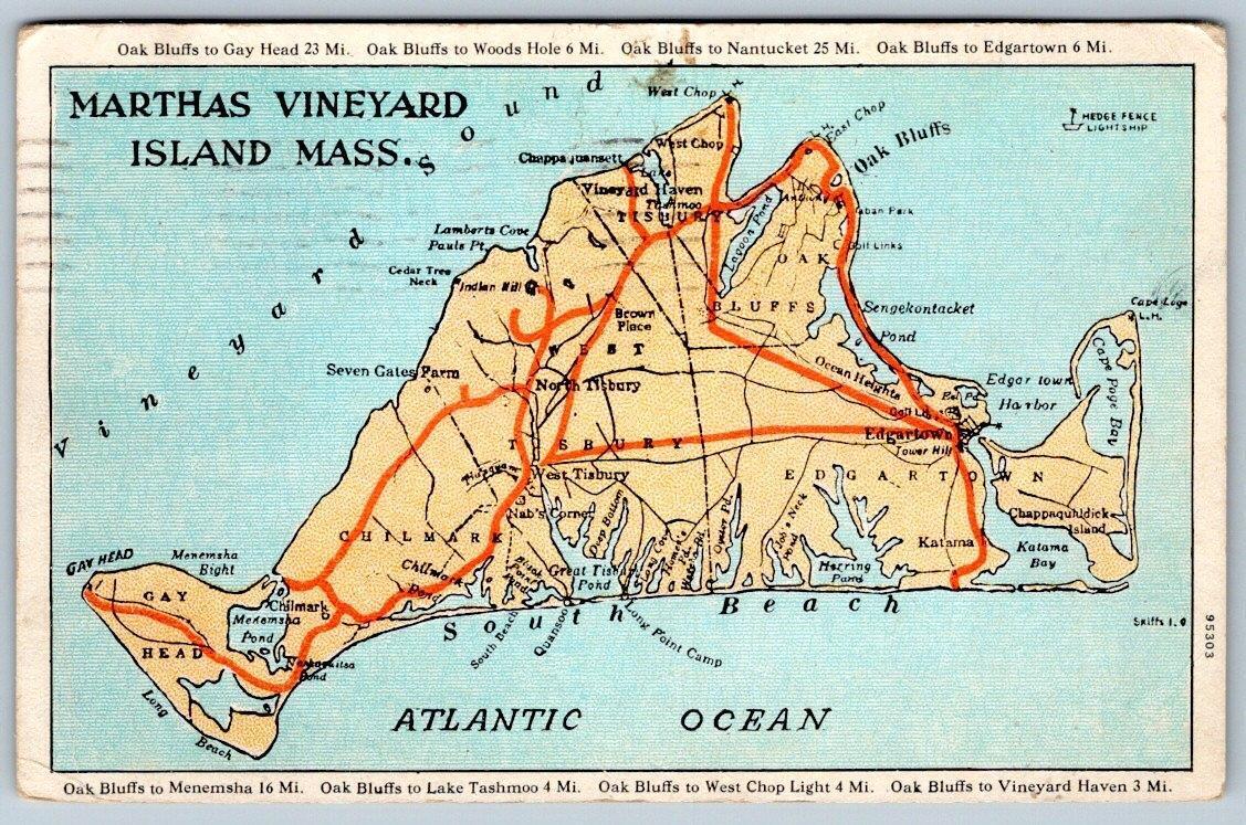 1927 MARTHAS VINEYARD ISLAND MASSACHUSETTS MAP*TO BRAINTREE MASS*MRS W L COLLINS