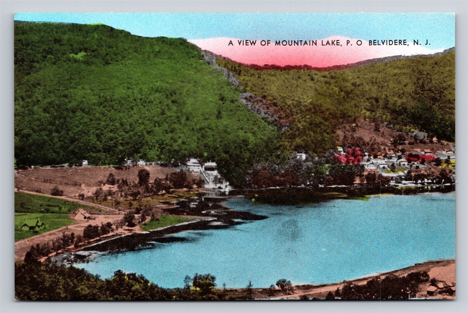 Belvidere New Jersey A View of Mountain Lake P.O. Old NJ Postcard Hand Colored