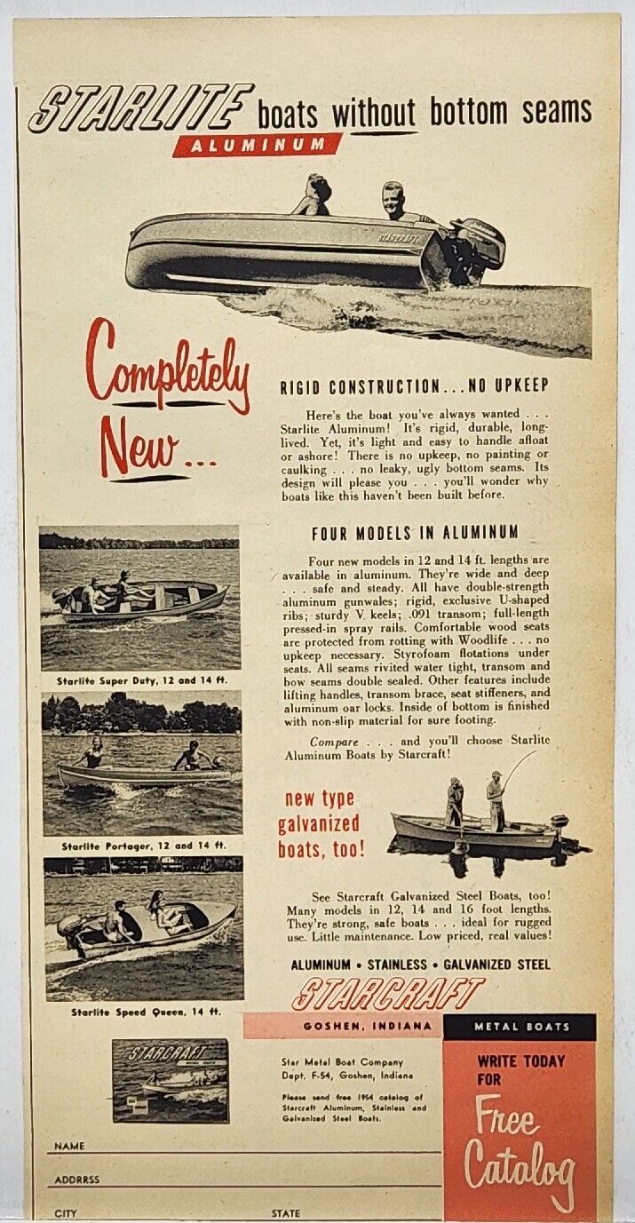 1954 Starlite Aluminum Fishing Boats Print Ad Goshen Indiana
