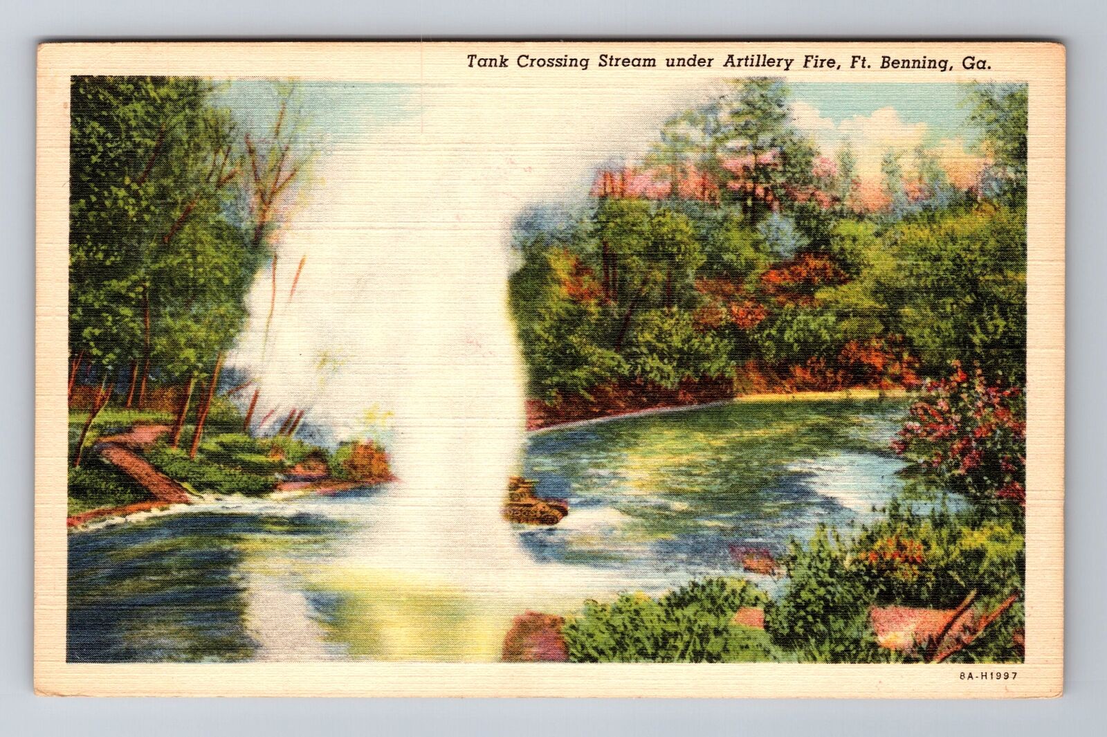 Ft. Benning GA-Georgia, Tank Crossing Stream, Artillery Fire, Vintage Postcard