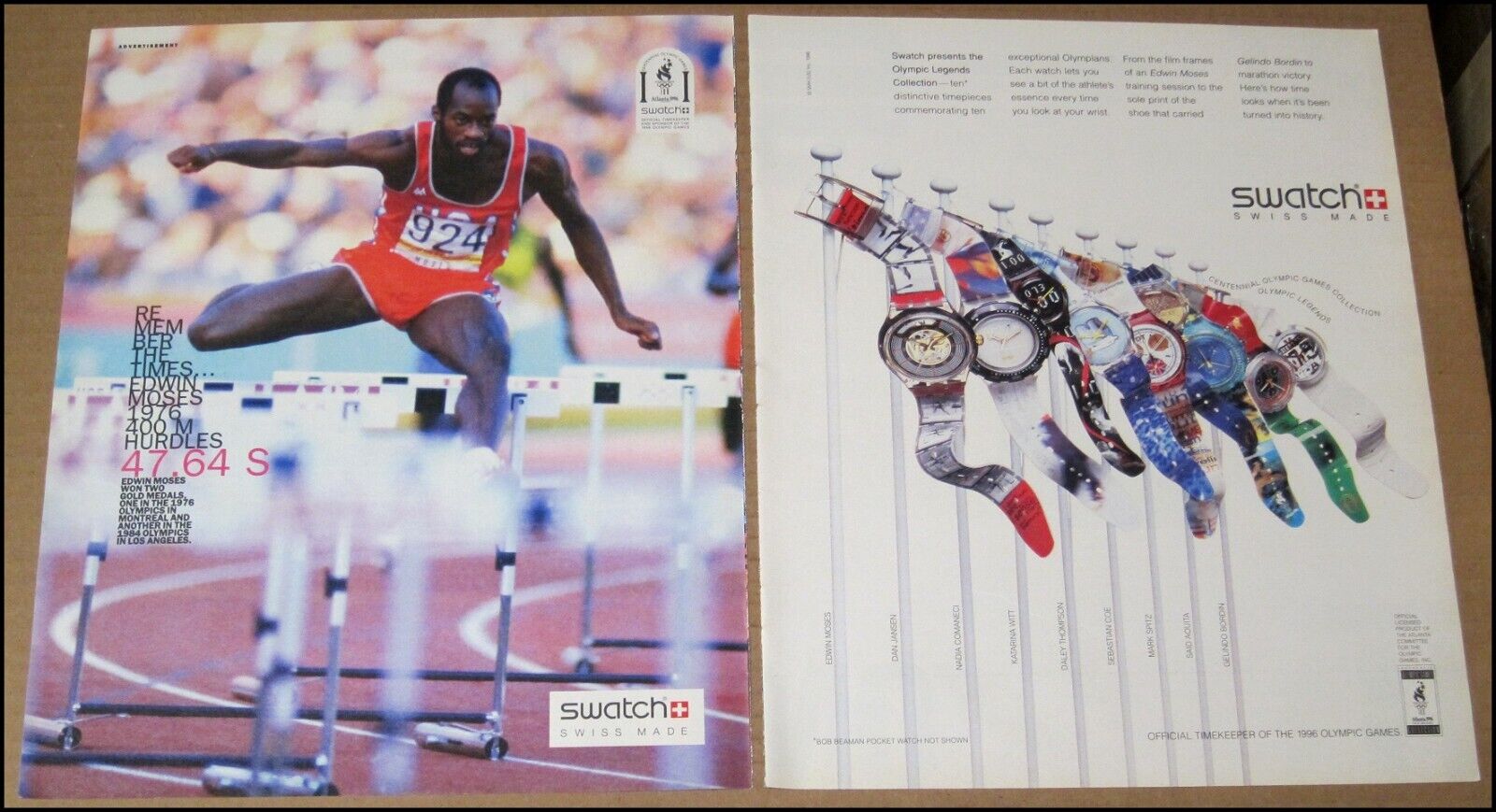 1996 Olympian Edwin Moses Swatch 2-Page Print Ad Advertisement Olympic Legend