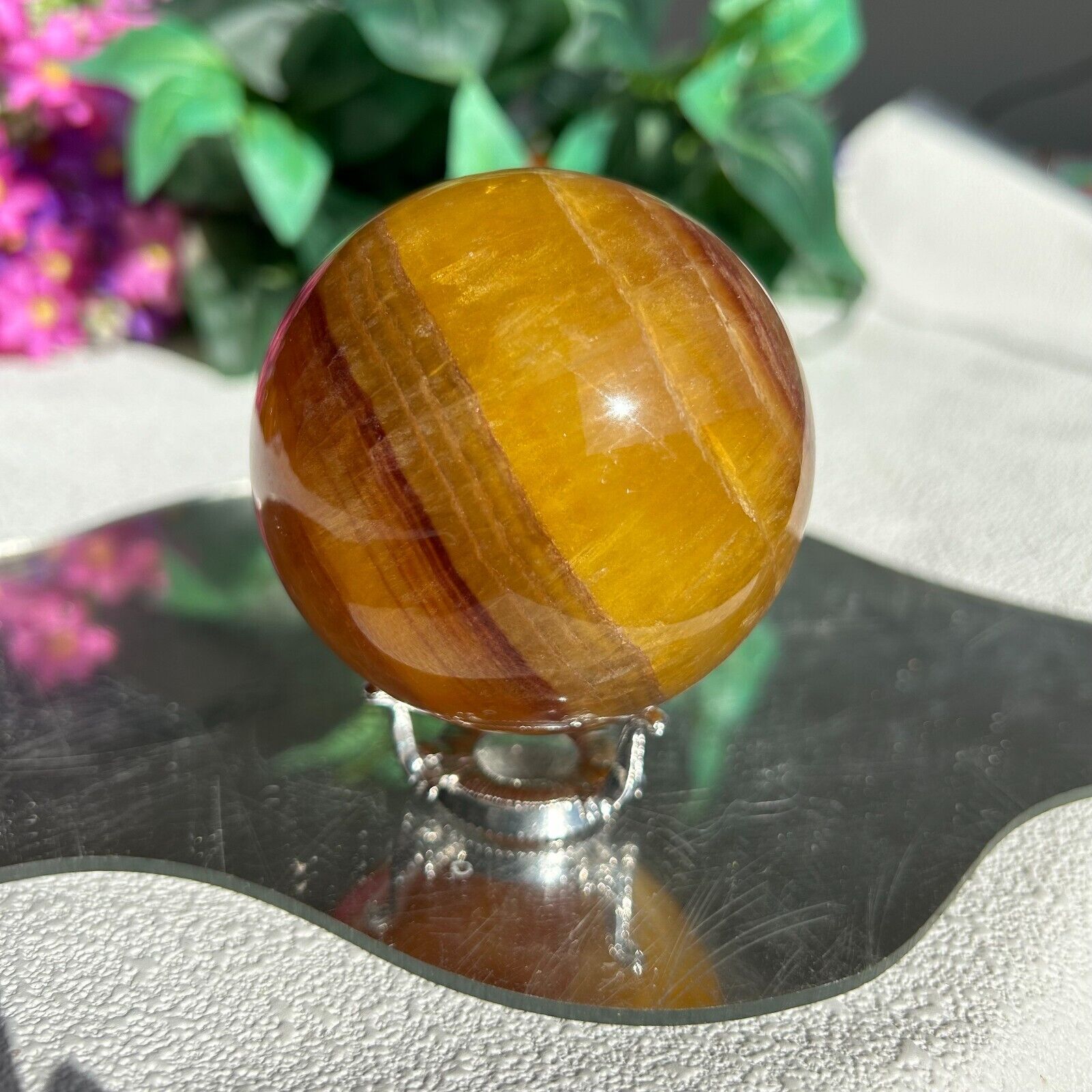 Natural Orange Banded Fluorite Ball Quartz Crystal Sphere Yellow Fluorite Decor