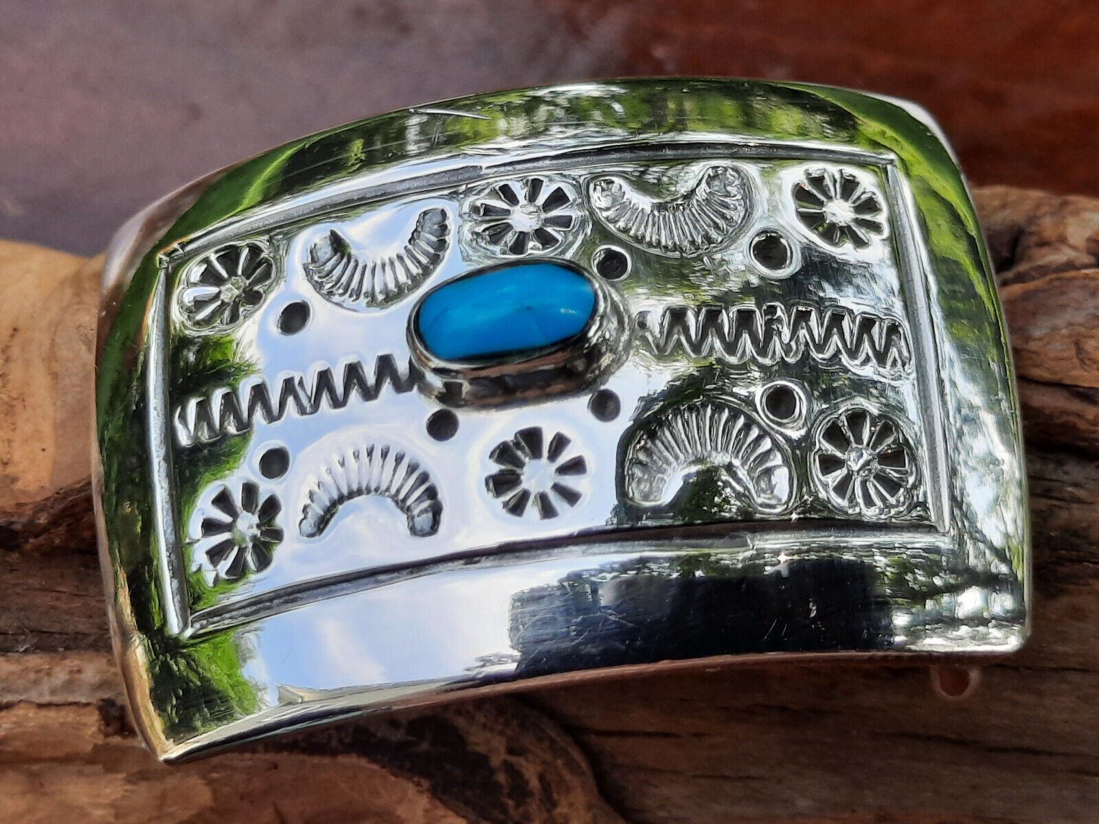 Vintage South West Style Stamped Sterling Silver & Turquoise Small Buckle