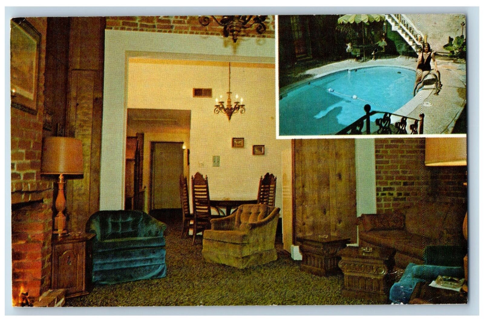 New Orleans Louisiana LA Postcard Downtowner Burgundy Interior Pool Scene 1972