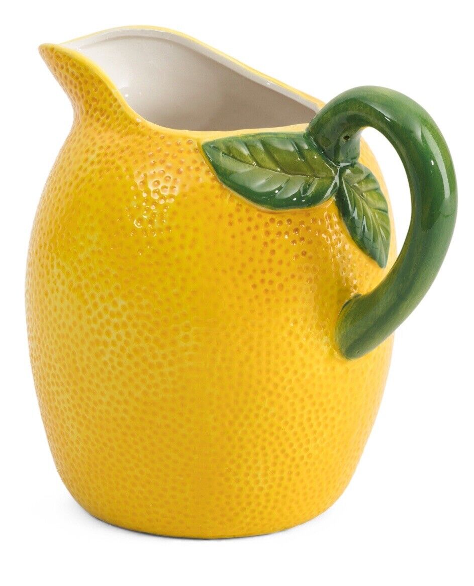 Arlington Designs Ceramic 9” Figural Lemon Yellow With Green Leaves Pitcher