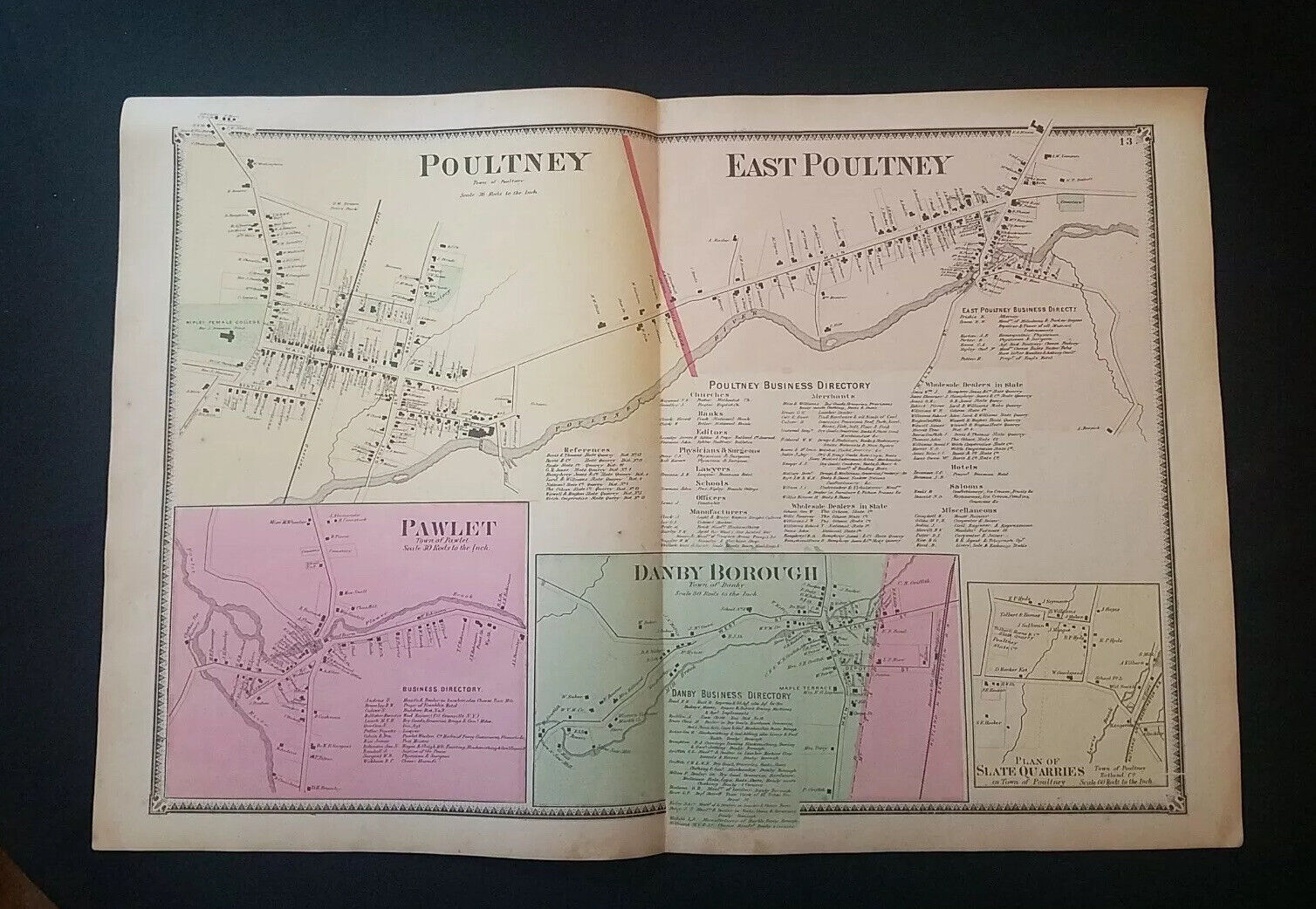 1869 Antique Map Poultney Vermont Color Map VT FW Beers Pawlet VT Danby Borough