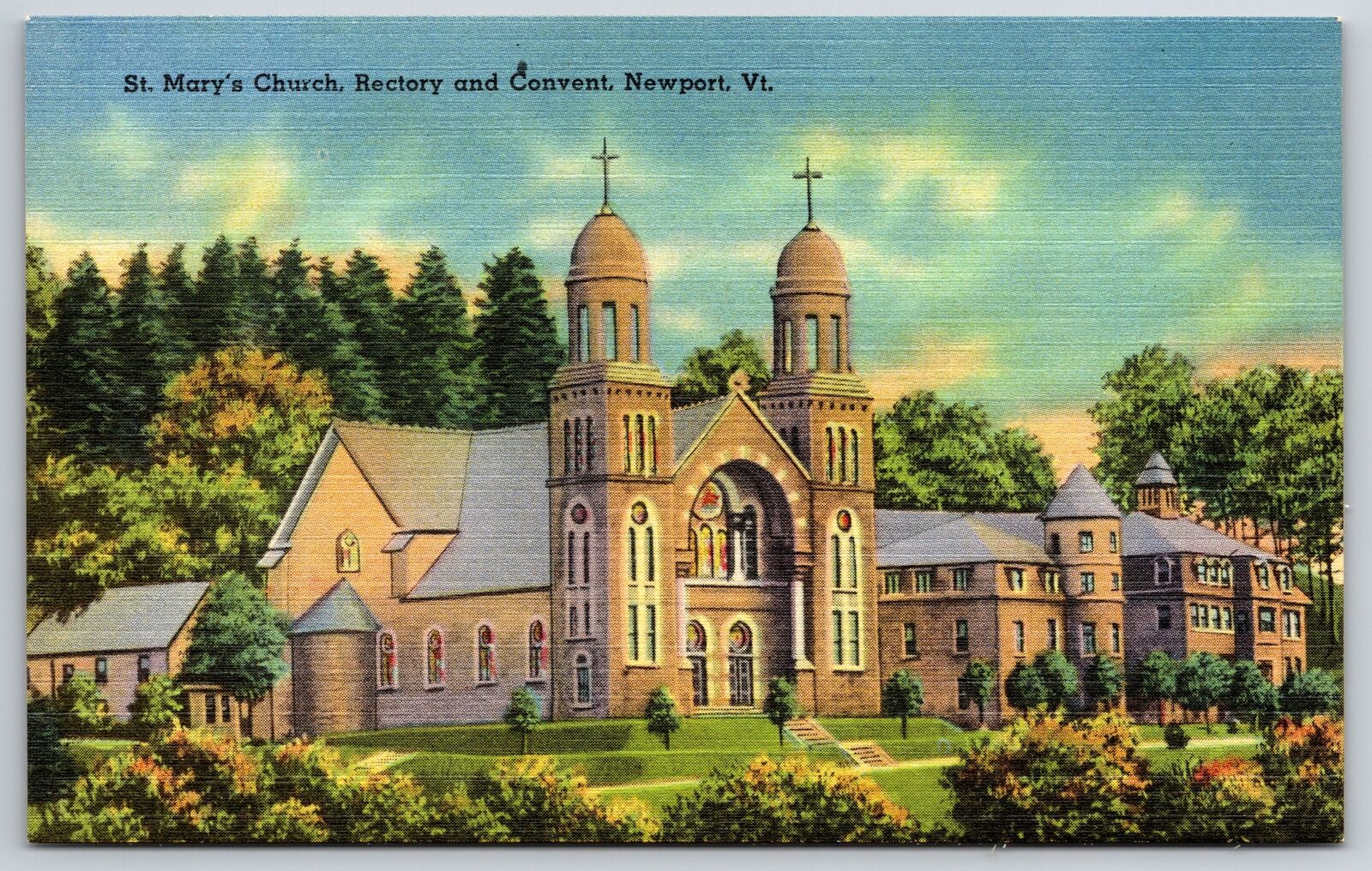 Newport Vermont~Saint Mary\'s Catholic Church~Rectory & Convent~1940s Linen Postc