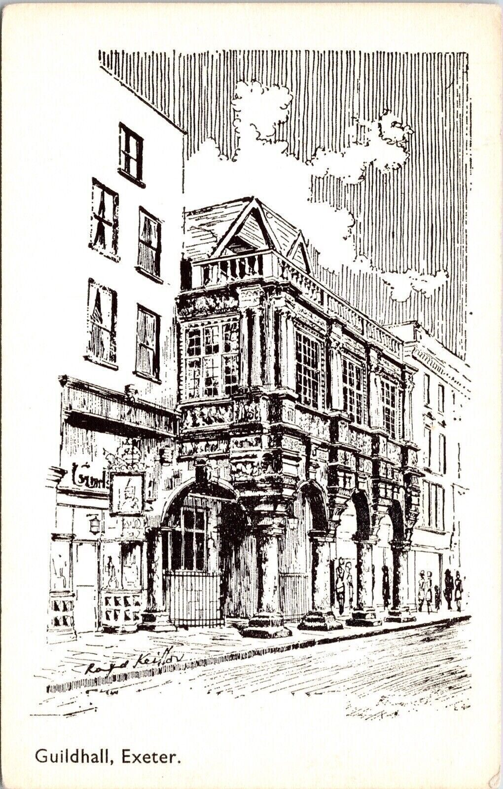 Guildhall Exeter PPL Street View Pencil Sketched Black White Postcard Unused UDB