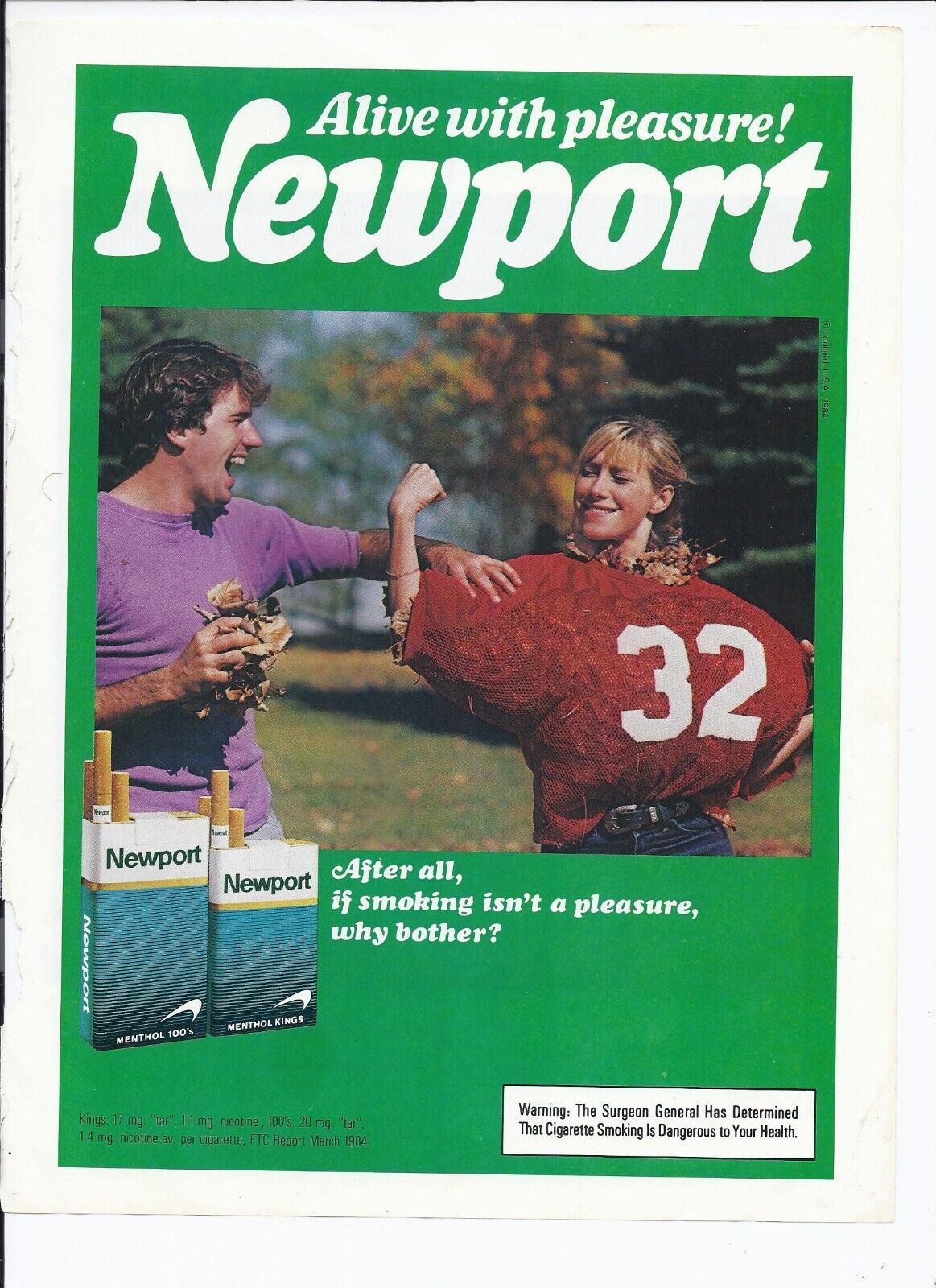 1984 Newport cigarettes Print Ad man woman football jersey 8.5\