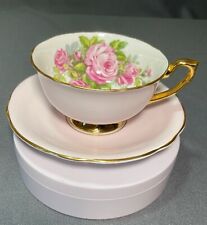 Vintage Windsor China footed Cup & Saucer Gold Trim Pink White w/ Roses England picture