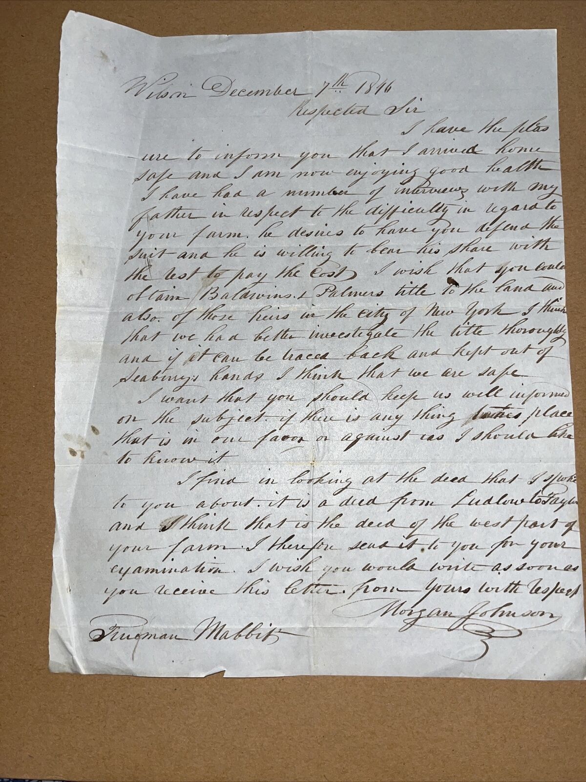 1846 Dispute Letter: Signed Morgan Johnson Captain of Milly Cook Ship Wilson NY