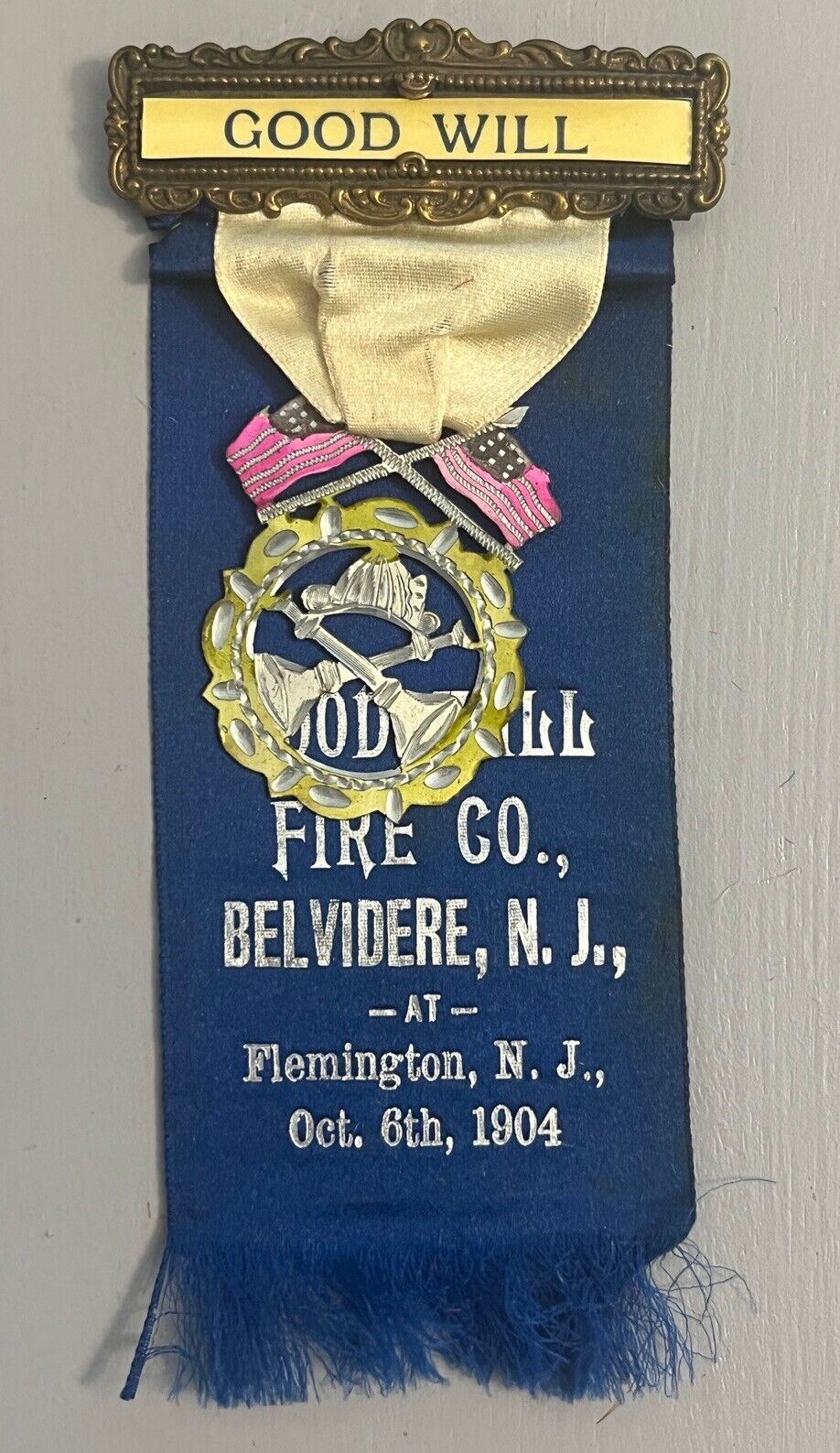 Vintage Fireman Ribbon Medal  Belvidere New Jersey Good Will Fire Company 1904