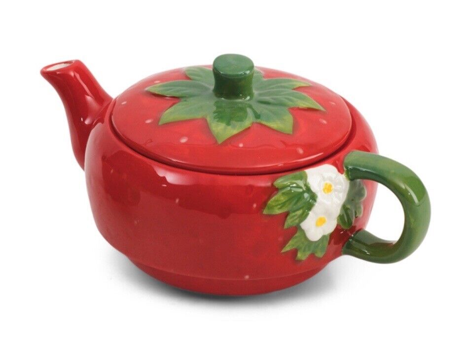 ARLINGTON DESIGNS Red Figural Strawberry With Flower Tea Pot & Cup Set For 1