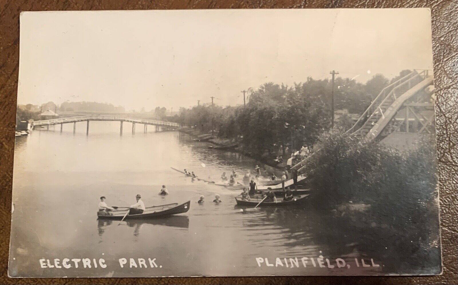 Electric Park DuPage River Slide Boating RPPC Plainfield Illinois Postcard