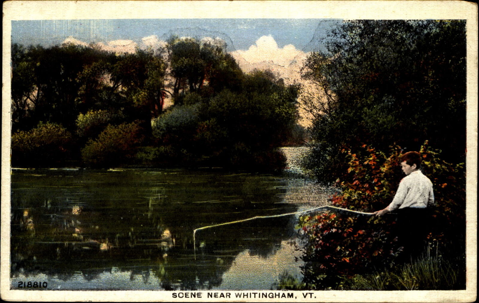 Scene near Whitingham Vermont VT ~ boy fishing ~ 1930s linen postcard