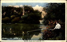 Scene near Whitingham Vermont VT ~ boy fishing ~ 1930s linen postcard picture