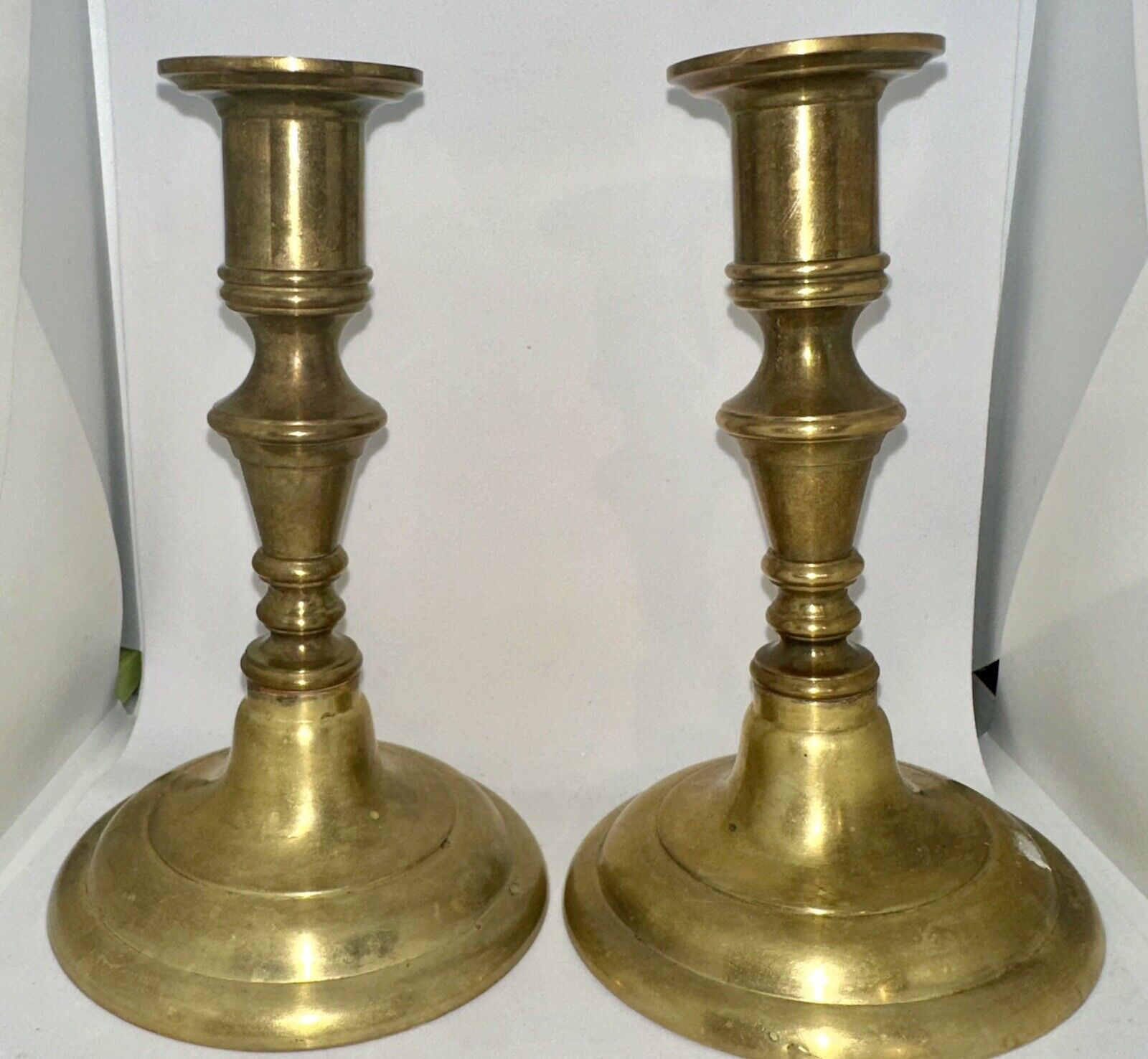 ANTIQUE S. EASTMAN CO. CONCORD, NH #2 SOLID BRASS CANDLE HOLDERS CANDLESTICKS