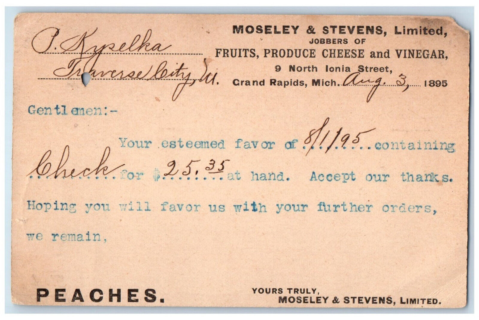 1895 Moseley & Stevens Limited Grand Rapids Michigan MI Posted Postal Card