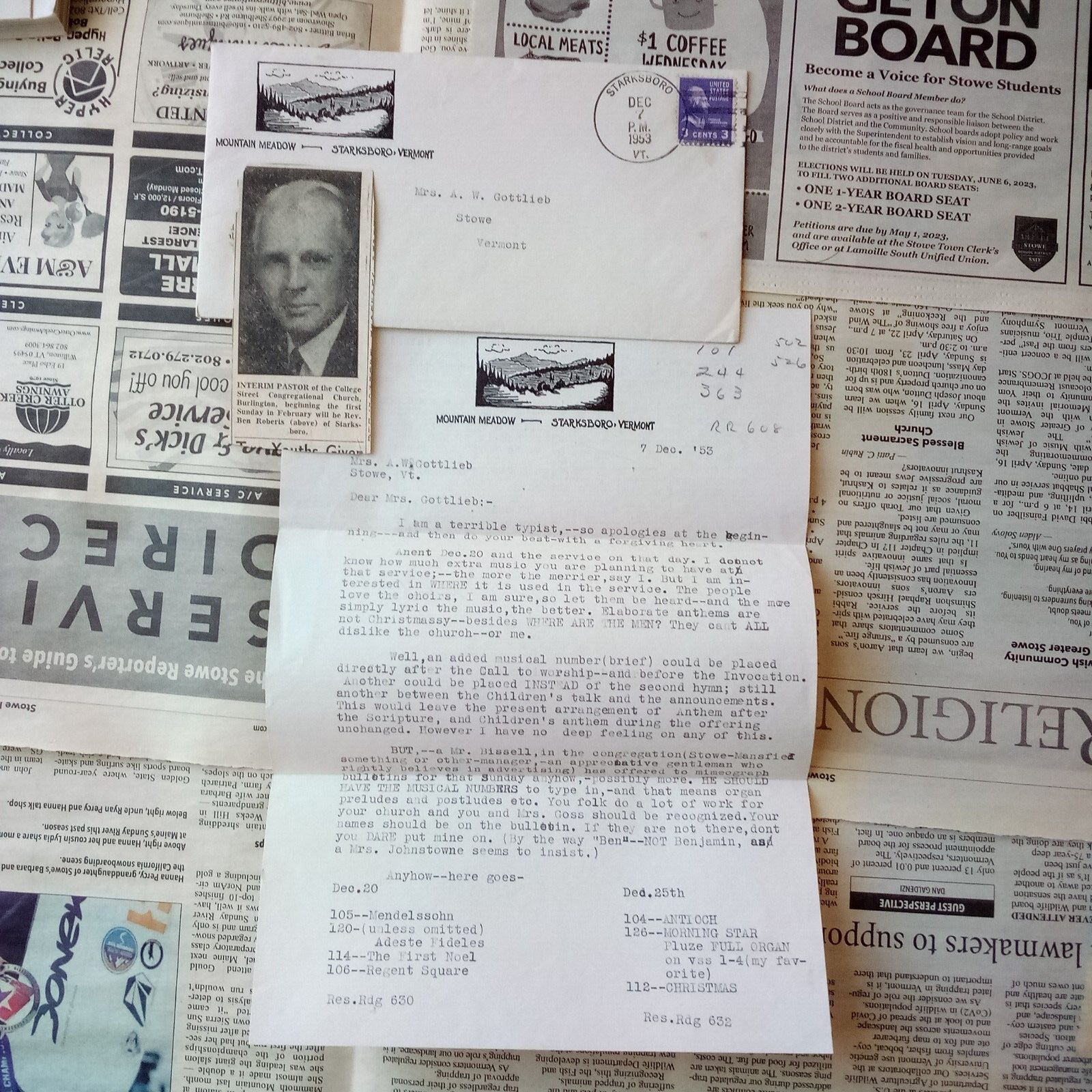 1953 - Mountain Meadow - Starksboro Vermont Letter + Newspaper Clipping